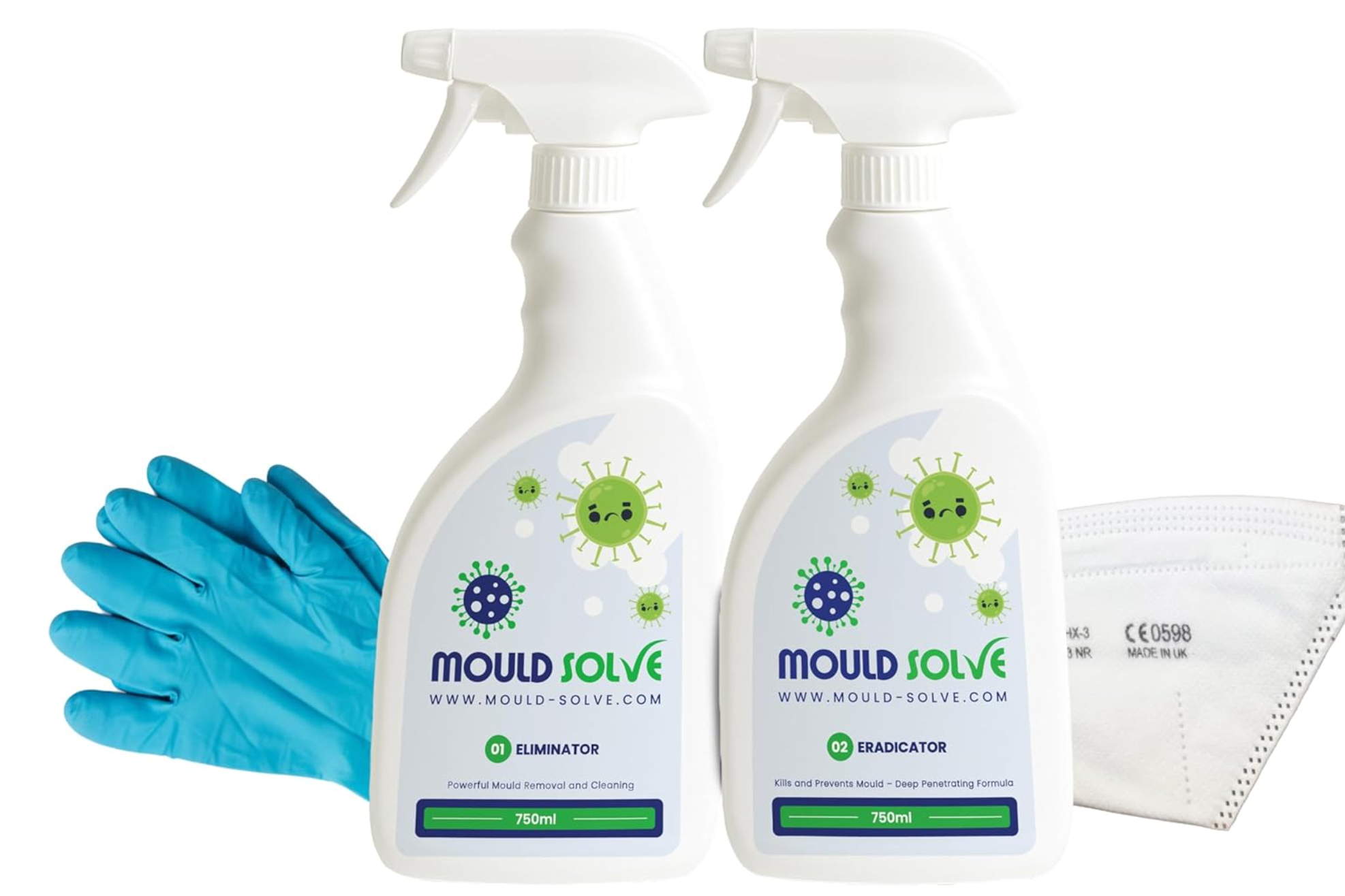 Mould Solve Essential Response Box | Professional 2-Step Mould Treatment & Safety Kit | 2 × 750ml Sprays with FFP3 Mask, Gloves & Cleaning Cloth