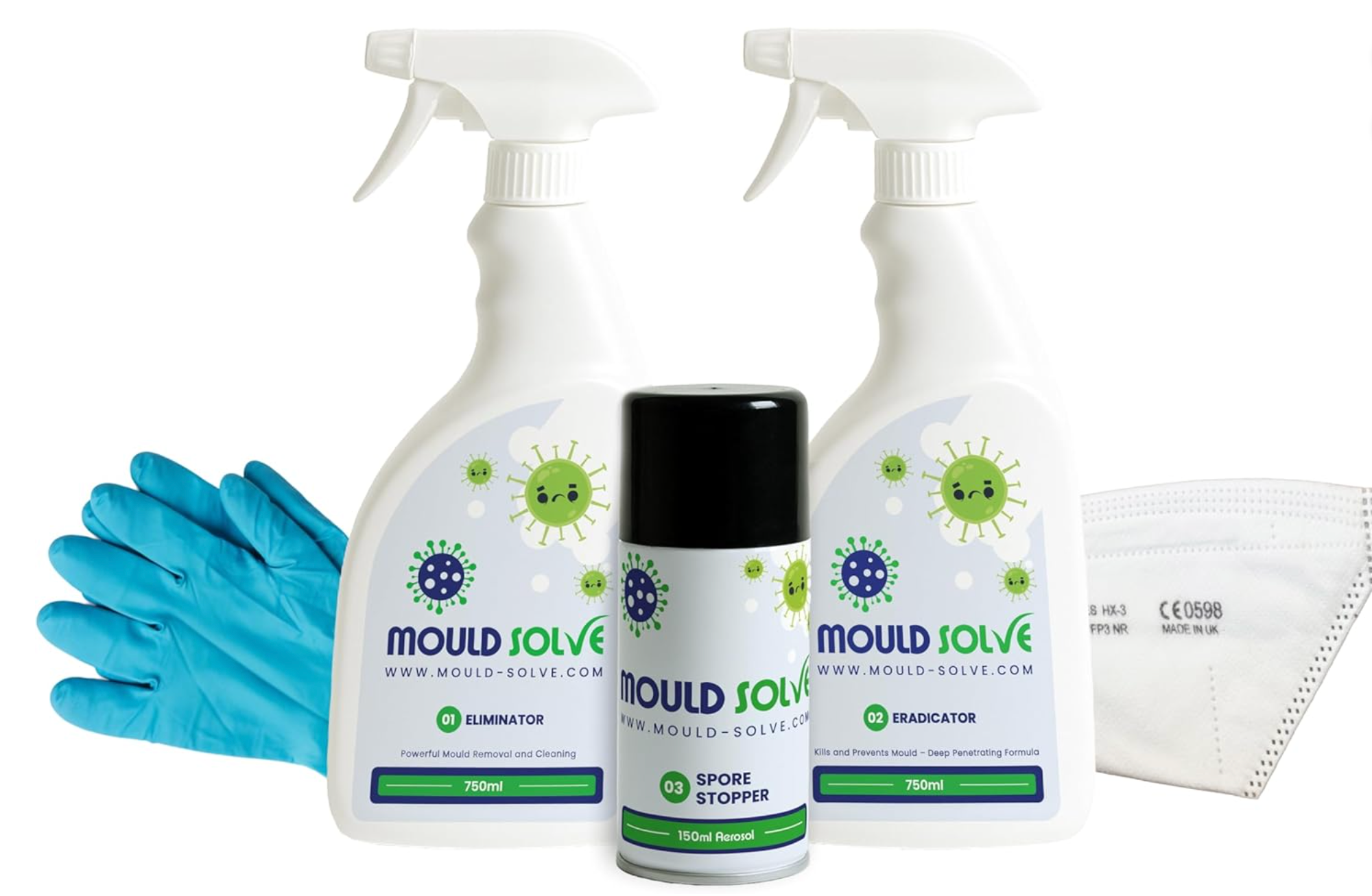 Mould Solve Advanced First Response Kit | Complete Mould Treatment & Safety Solution | 2 × 750ml Mould Sprays, Air Sanitiser Aerosol, FFP3 Mask, Gloves & Cleaning Cloth