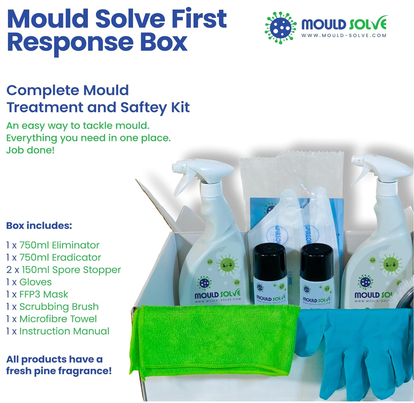 Mould Solve First Response Box | Complete Professional Mould Treatment & Safety Kit | 2 × 750ml Mould Sprays, 2 × Spore Stopper Aerosols, FFP3 Mask, Gloves, Scrubbing Brush & Microfibre Cloth