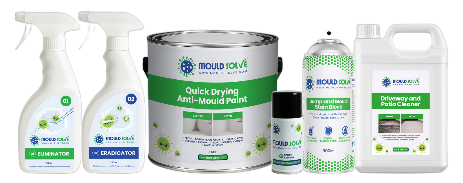The Mould Solve range: Eliminator and Eradicator sprays, Anti-Mould Paint, Spore Stopper, Damp & Mould Stain Block and Driveway & Patio Cleaner